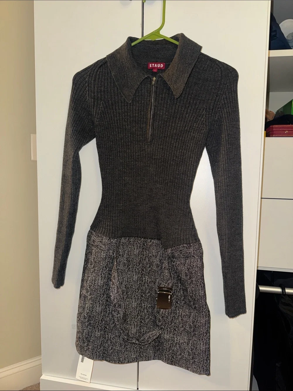 STAUD Platt Minidress—Gray long-sleeve belted sweater-dress